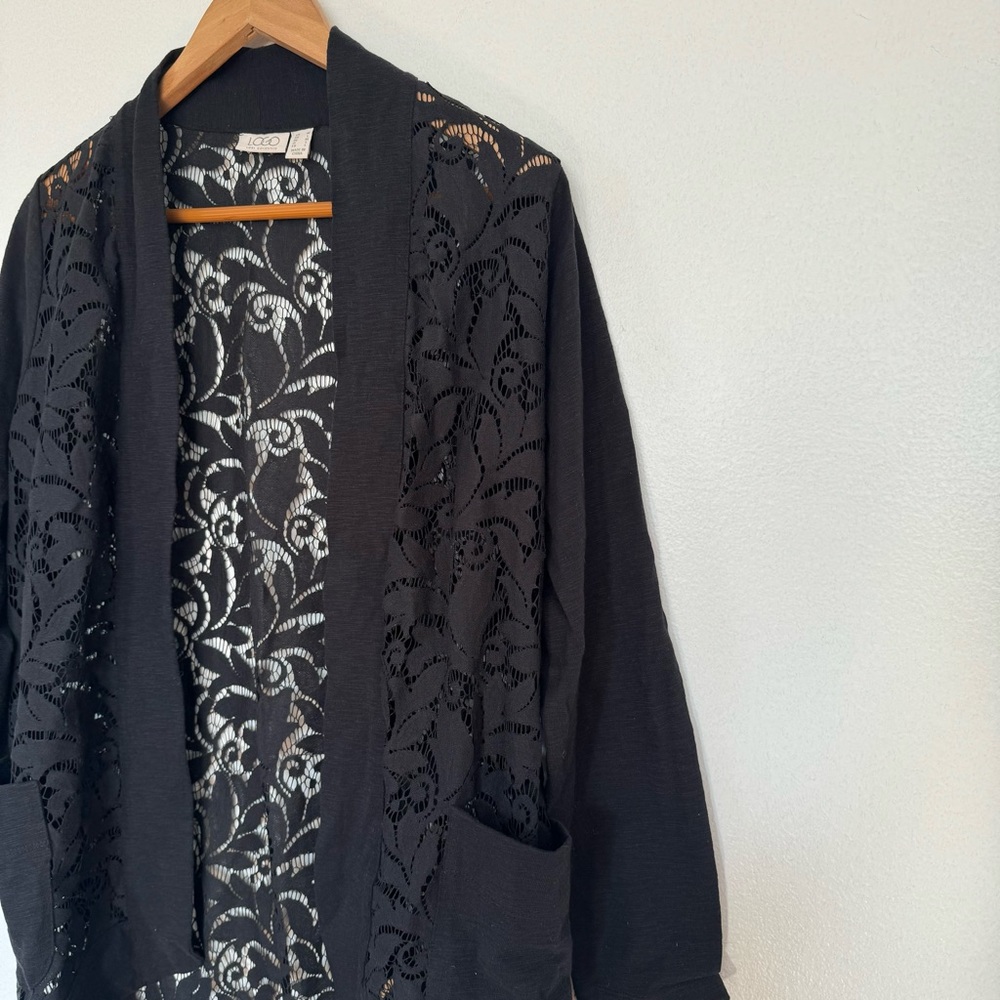 LOGO by Lori Goldstein Lace Open Front Slub Cardigan Sweater Sz M - Picture 3 of 13